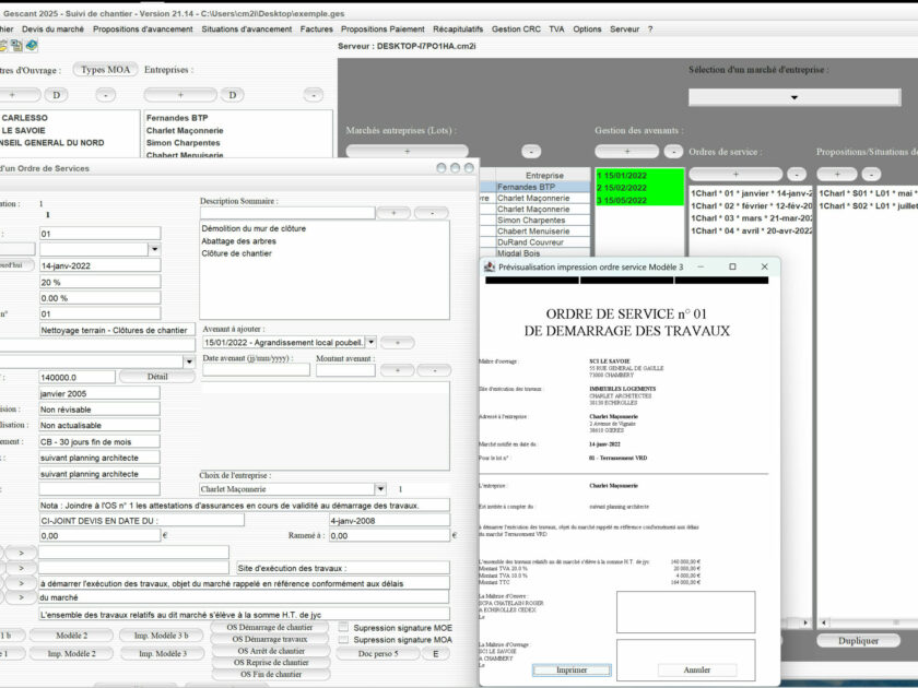 Capture du logiciel Gescant Mac et PC version 21.14 montrant l’amélioration du nouveau modèle d’ordre de service pour le démarrage des travaux dans le suivi de chantier en maîtrise d’œuvre