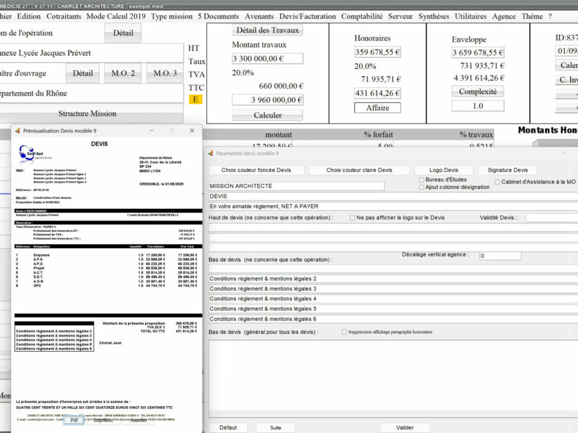 Capture du logiciel Médicis Mac et PC version 27.15 montrant les améliorations de la gestion des colonnes dans le modèle 9 des devis pour la maîtrise d’œuvre