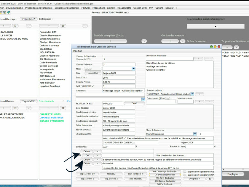 Capture du logiciel Gescant Mac et PC version 21.14 illustrant la nouvelle gestion des textes par défaut pour les ordres de service de démarrage des travaux en maîtrise d’œuvre