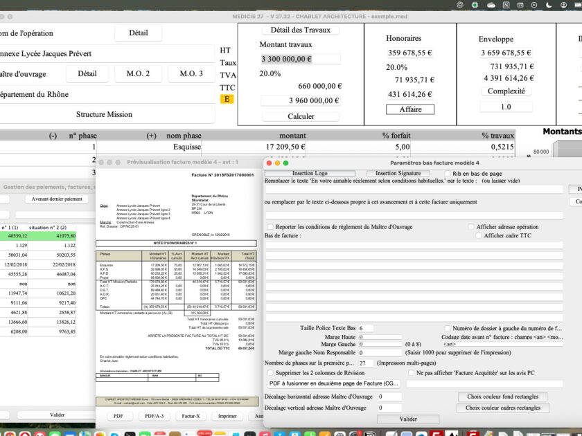 Amélioration de la gestion multi-page et multi-ligne du modèle 4 de facture dans le logiciel de facturation des honoraires de maîtrise d’œuvre Médicis sur Mac et PC