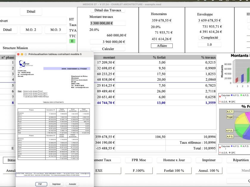 Capture d'écran du nouveau modèle 5 avec tableau cotraitant dans le logiciel de proposition d'honoraires de maîtrise d'œuvre Médicis, version 2724, destiné aux architectes, bureaux d'études et professionnels de la maîtrise d'œuvre