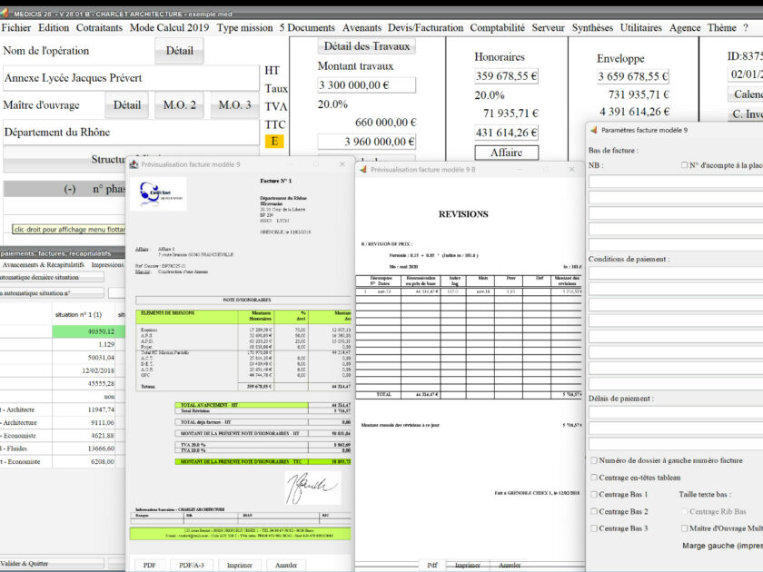 Capture d'écran du nouveau paramétrage Chorus Pro sur le modèle 9 de facture dans le logiciel de facturation d'honoraires de maîtrise d'œuvre Médicis, version 2801, destiné aux architectes, bureaux d'études et professionnels de la maîtrise d'œuvre