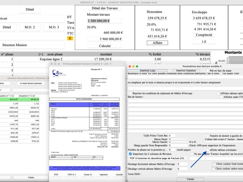 Capture d'écran du nouveau tableau cotraitant sur le modèle 4 de facture dans le logiciel de facturation d'honoraires de maîtrise d'œuvre Médicis pour Mac et PC, version 2724, destiné aux architectes, bureaux d'études et professionnels de la maîtrise d'œuvre
