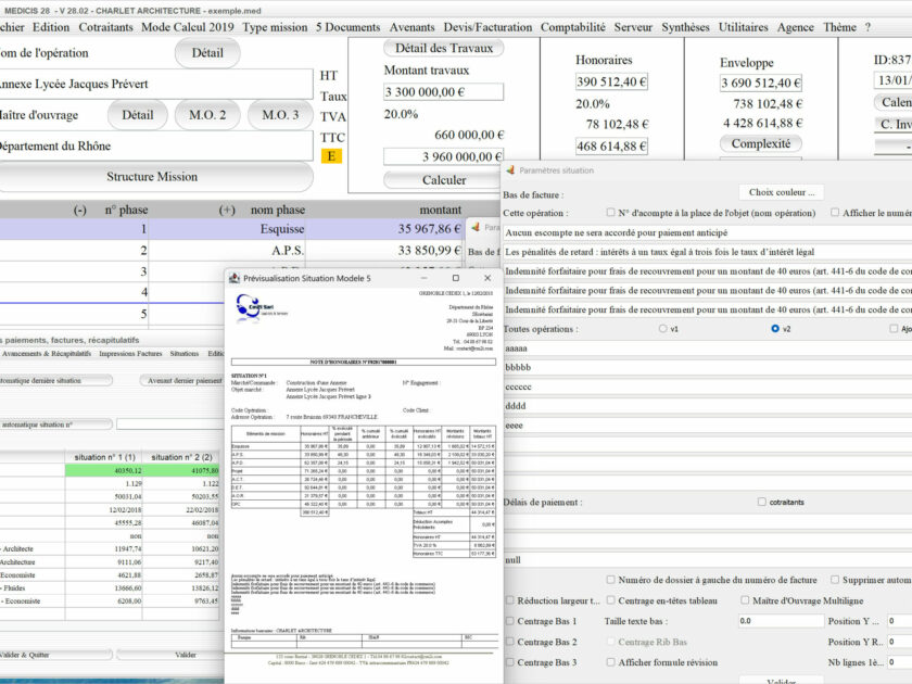 Capture d'écran de la nouvelle gestion des cotraitants et des révisions sur le modèle 5 de situation dans le logiciel de facturation d'honoraires de maîtrise d'œuvre Médicis, version 2802, destiné aux architectes, bureaux d'études et professionnels de la maîtrise d'œuvre