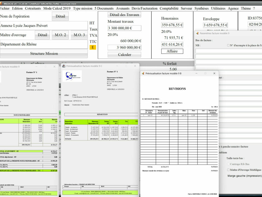 Capture d'écran des nouveaux automatismes du modèle 9 de facture électronique dans le logiciel de facturation d'honoraires de maîtrise d'œuvre Médicis, version 2806, destiné aux architectes, bureaux d'études et professionnels de la maîtrise d'œuvre