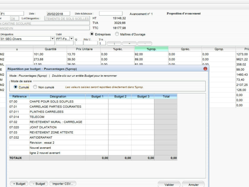 Capture d'écran de la nouvelle possibilité d'import par budget ou lieu d'exécution des pourcentages réalisés des entreprises dans le logiciel de suivi de chantier Gescant pour Mac et PC, version 2203, destiné aux architectes et professionnels de la maîtrise d'œuvre