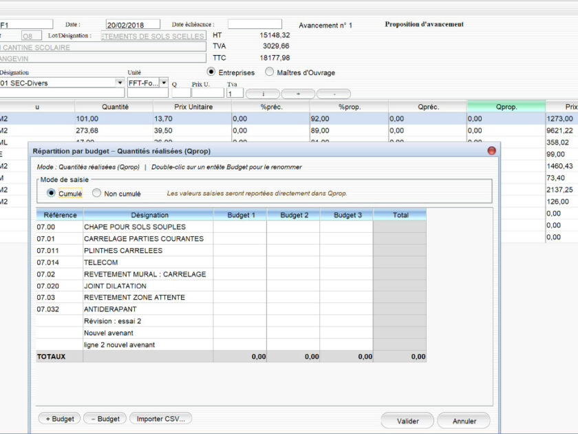 Capture d'écran du nouvel import par budget ou lieu d'exécution des quantités réalisées dans le logiciel de suivi de chantier Gescant pour Mac et PC, version 2203, destiné aux architectes et professionnels de la maîtrise d'œuvre