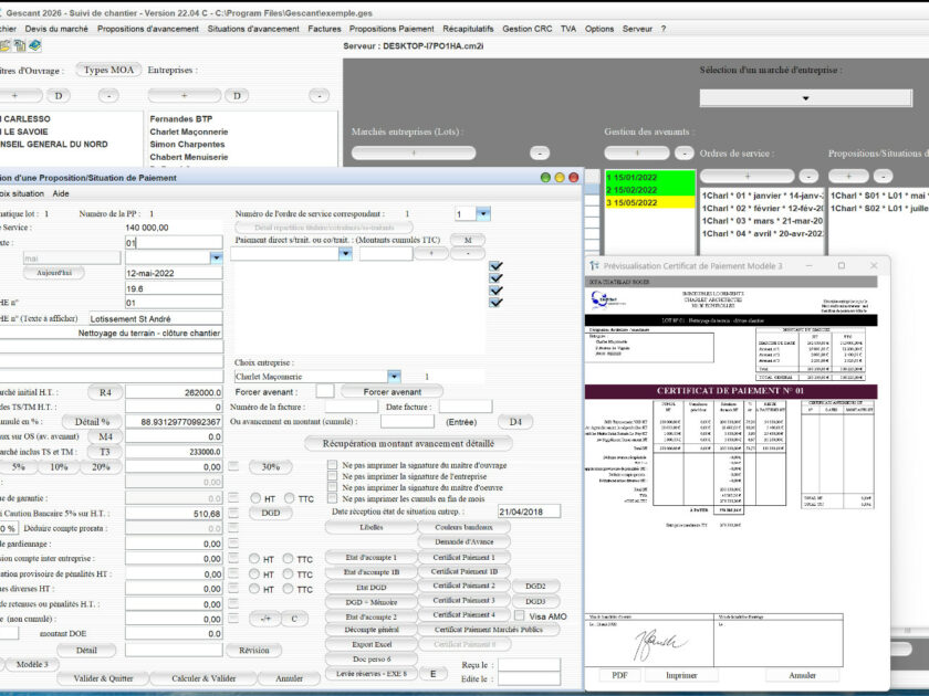 Capture d'écran de l'amélioration du modèle 3 de certificat de paiement dans le logiciel de suivi de chantier Gescant pour Mac et PC, version 2204, destiné aux architectes et professionnels de la maîtrise d'œuvre