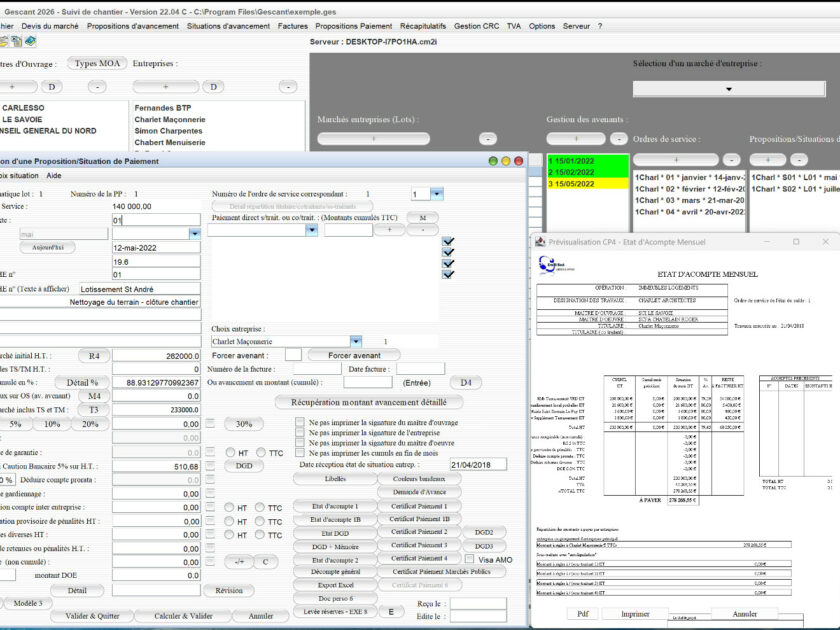 Capture d'écran de l'amélioration du modèle 4 de certificat de paiement dans le logiciel de suivi de chantier Gescant pour Mac et PC, version 2204, destiné aux architectes et professionnels de la maîtrise d'œuvre