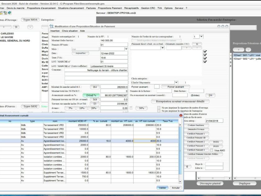 Capture d'écran de la nouvelle gestion multi-TVA des avancements dans le logiciel de suivi de chantier Gescant pour Mac et PC, version 2204, destiné aux architectes et professionnels de la maîtrise d'œuvre