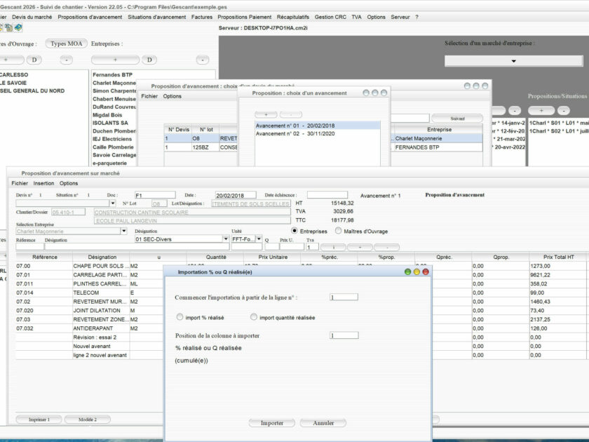 Capture d'écran de l'amélioration des imports de quantités réalisées ou pourcentages d'avancement dans les propositions détaillées du logiciel de suivi de chantier Gescant pour Mac et PC, version 2205, destiné aux architectes et professionnels de la maîtrise d'œuvre