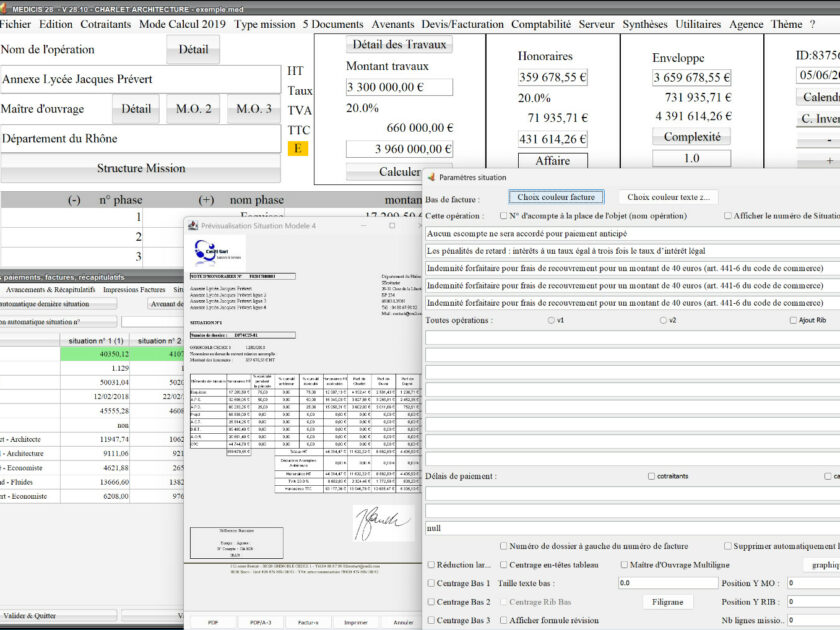 Capture d'écran de l'amélioration multipage du modèle 4 de situation en facture électronique dans le logiciel de facturation d'honoraires de maîtrise d'œuvre Médicis, version 2810, destiné aux architectes, bureaux d'études et professionnels de la maîtrise d'œuvre
